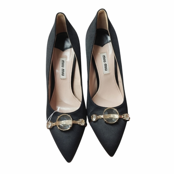 Miu Miu Black Satin Pumps 37.5 Gold and Gem Toe Ornaments EUC - Picture 11 of 11
